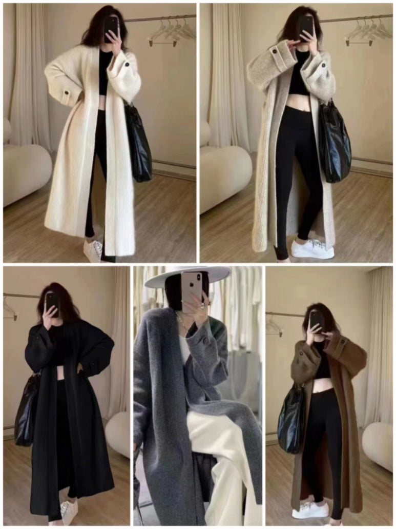 Womens Long Knitted Cardigan with V-Neck