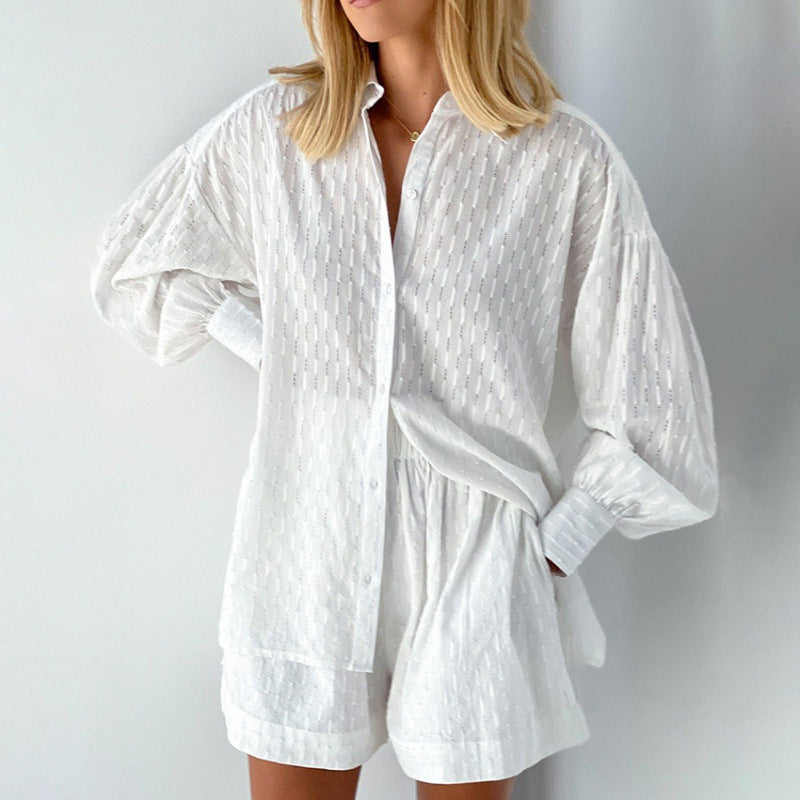 Women's Jacquard Puff Sleeve Shirt and Shorts Two-Piece Set