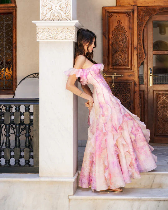 Women's Chiffon Sling Floral Ruffle Hem A-Line Maxi Dress