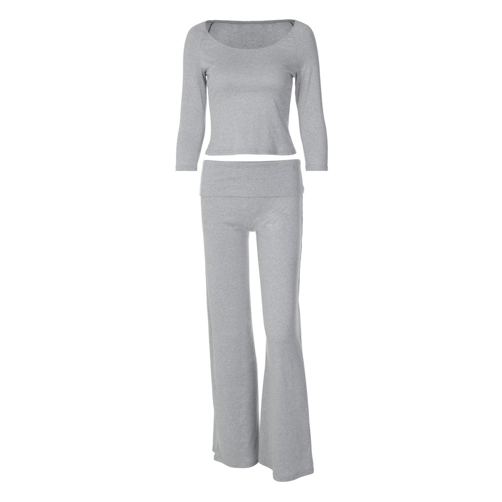 Women Two Piece Set Drapey Flared Pantsuit Long Sleeve Solid Casual Lounge Wear