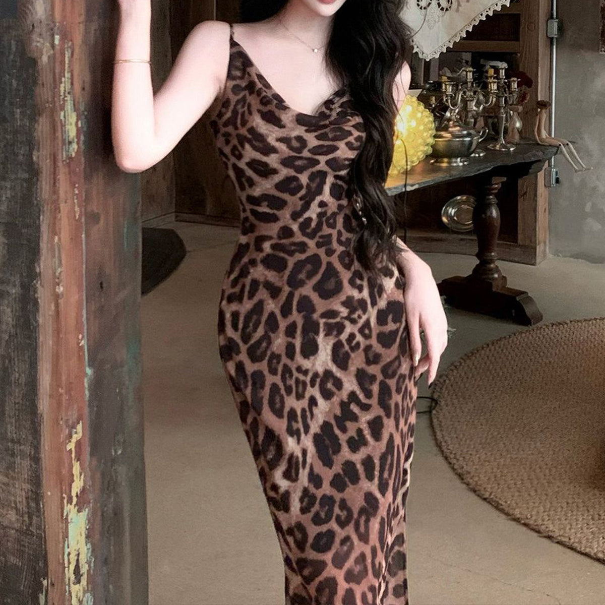 Womens Leopard Print Backless Strappy Maxi Dress
