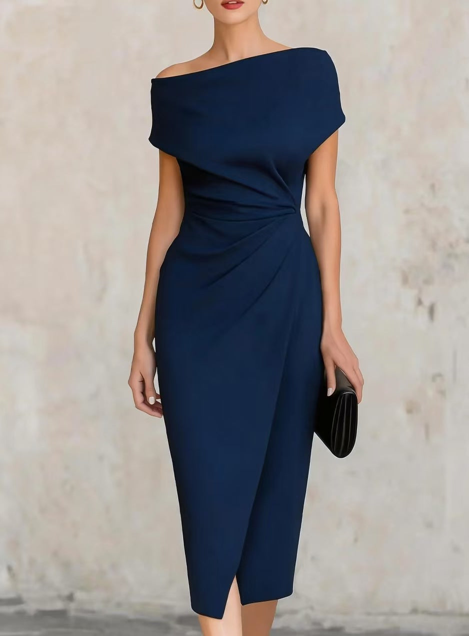 Off-shoulder waist pleated dress elegant dress dress womenOff-shoulder waist pleated dress elegant dress dress women