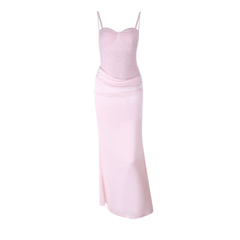 Women's Lace Patchwork Spaghetti Strap Fitted Long Dress
