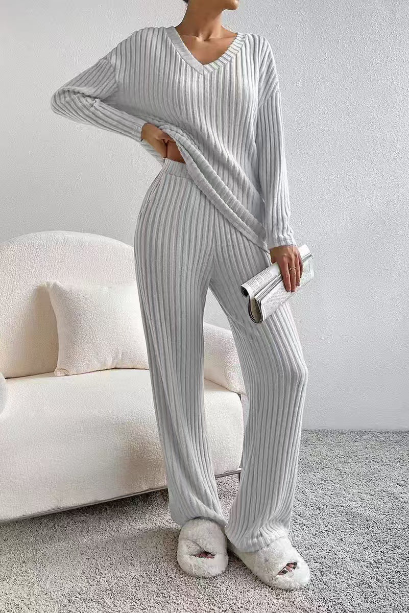 Women's V-Neck Ribbed Knit Two-Piece Set