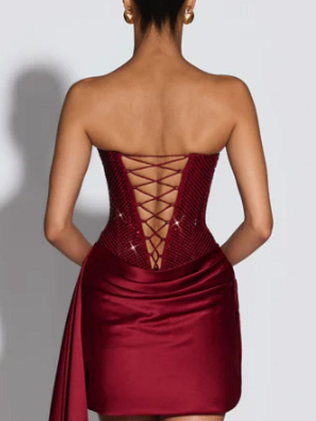 Strapless Dress with Rhinestones, Satin Asymmetrical Short Skirt, Party Nightclub Tight-Fitting Elegant Gown