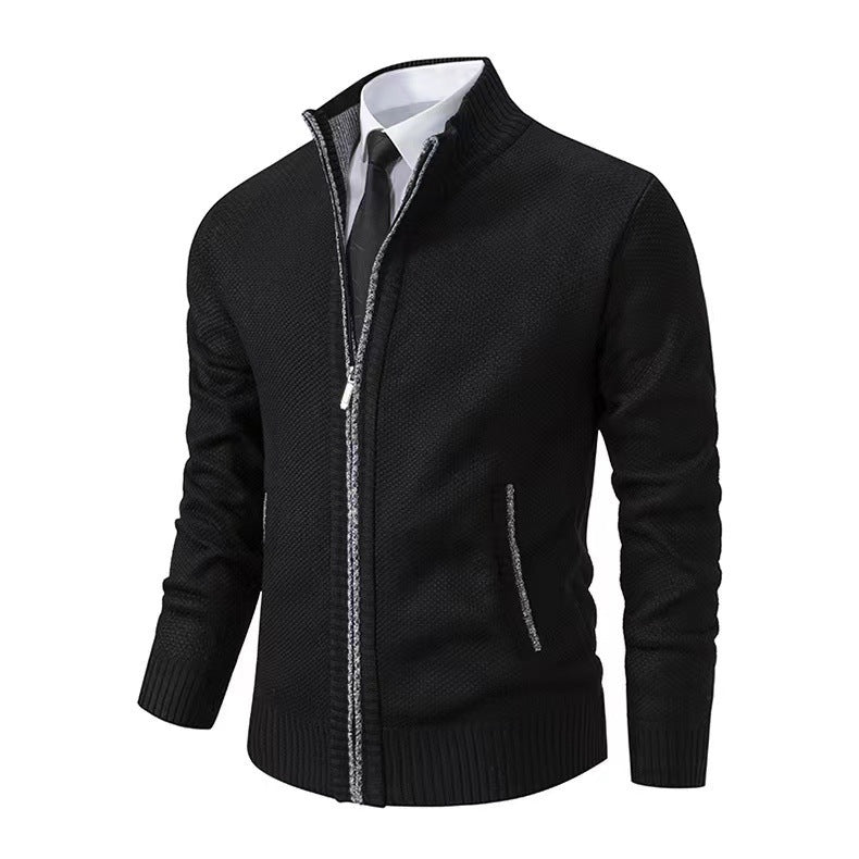 Mens Solid Color Stand Collar Knitted Cardigan