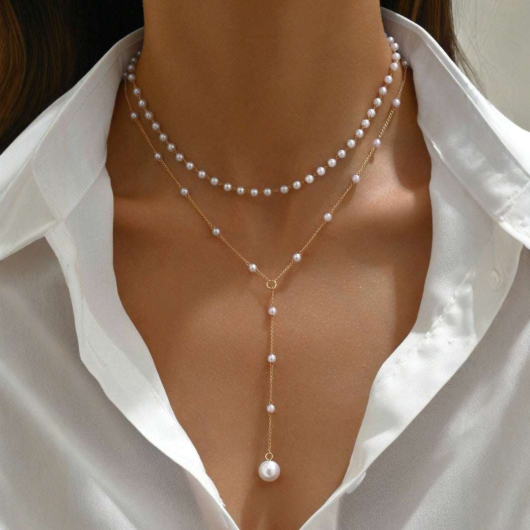 Y-Shape Pearl Tassel Layered Necklace