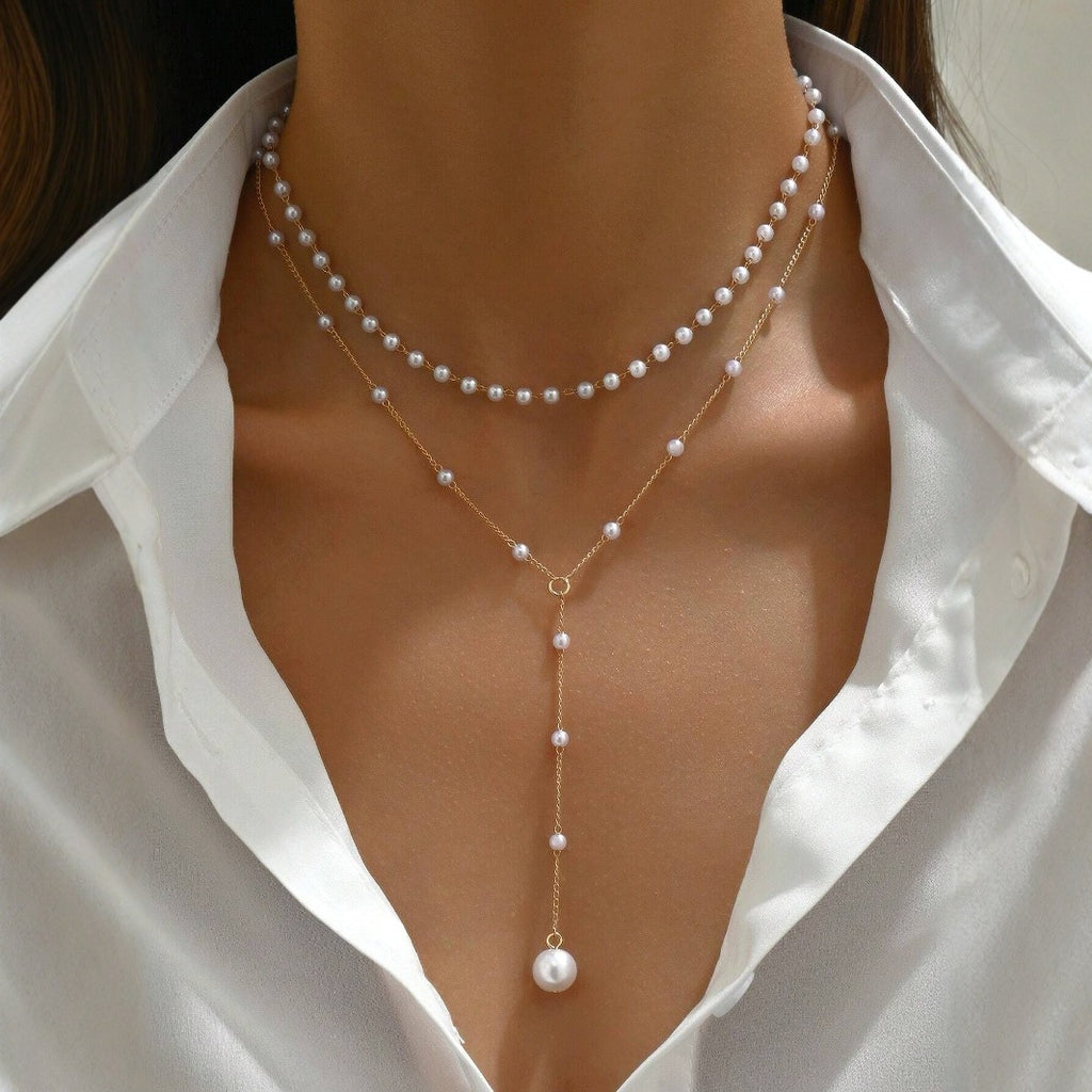 Y-Shape Pearl Tassel Layered Necklace