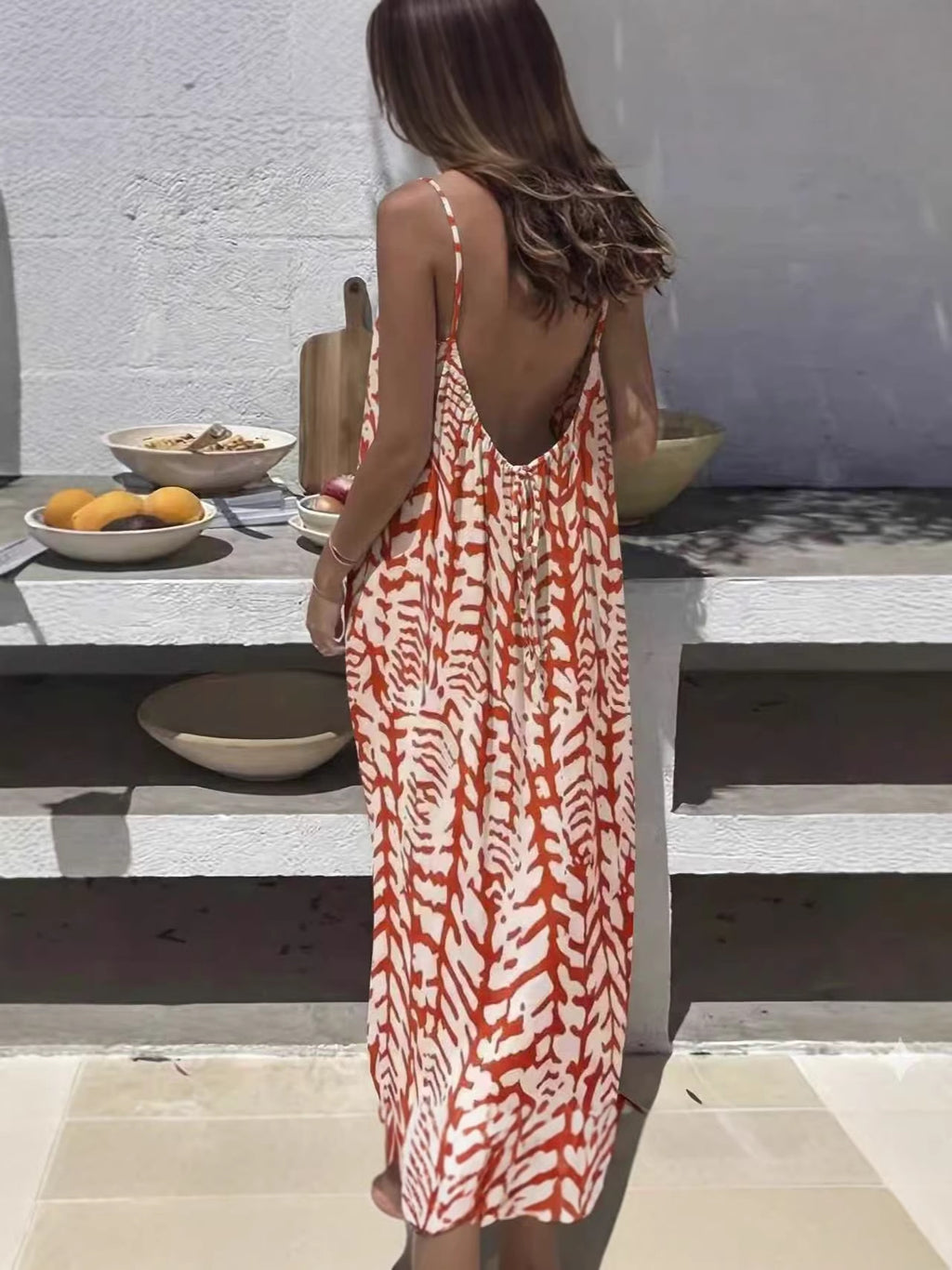 Womens Backless Loose Print Slip Dress