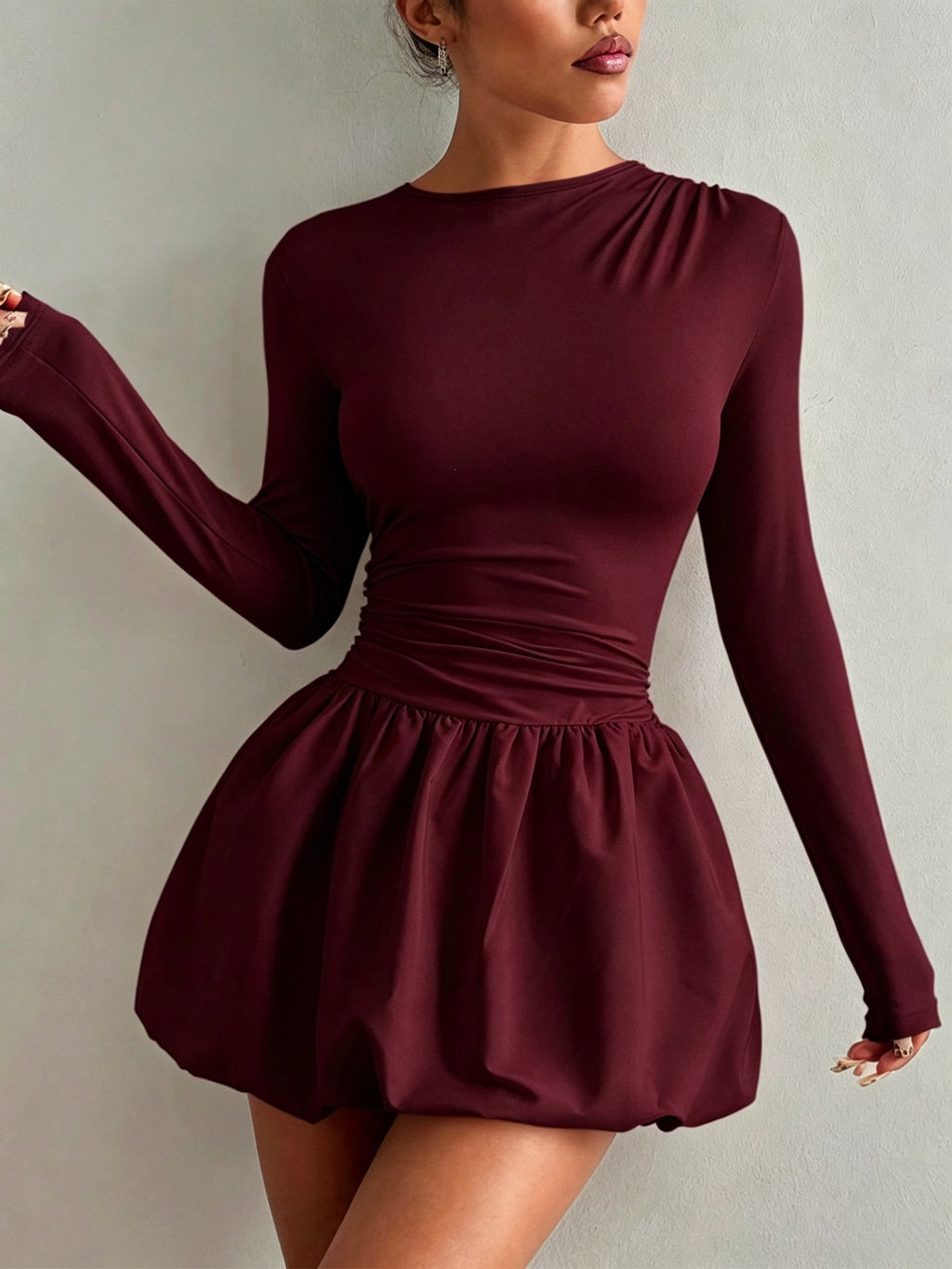Womens Slim-Fit Long Sleeve Dress with Elastic Puff Skirt