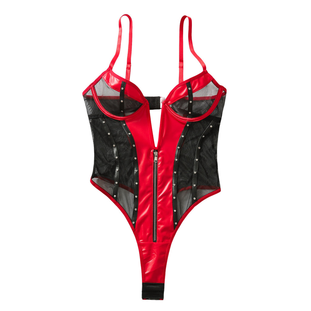 Sheer Mesh PU Leather Studded Bodysuit