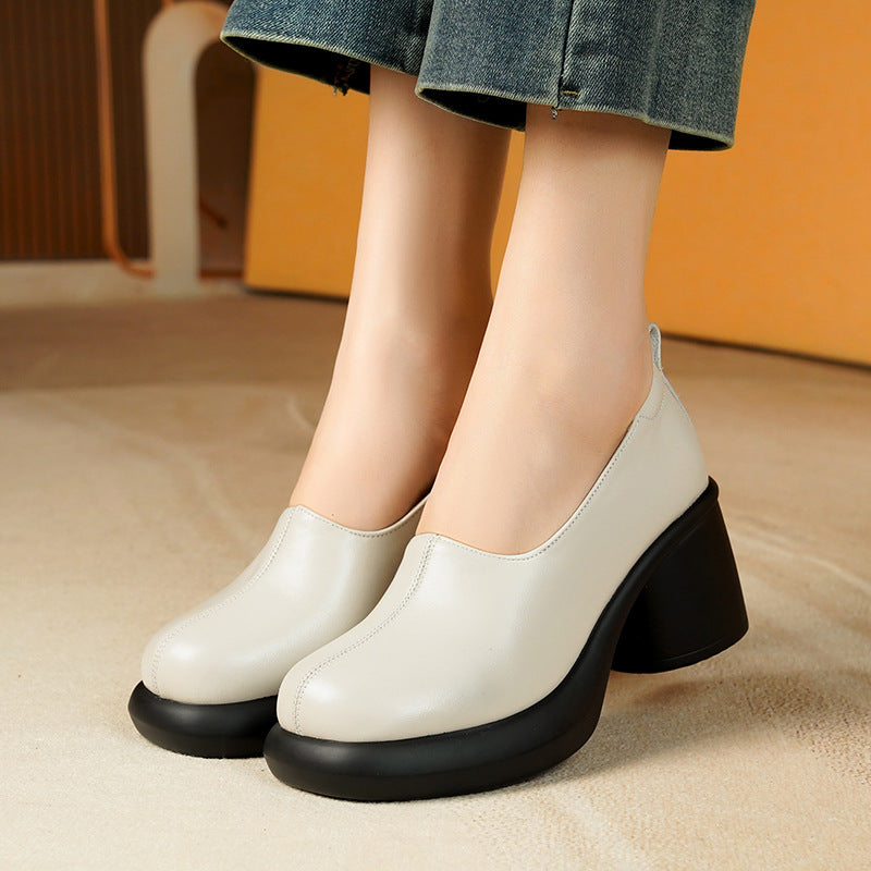 Women Leather High Heel Shoes Thick Heel Waterproof Platform British Style
