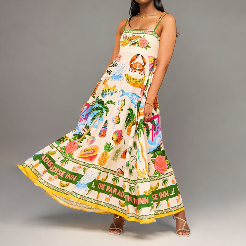 2026 Summer New Style Cross-Border European and American Resort-Style Dress, Elegant Long Printed Strap Dress