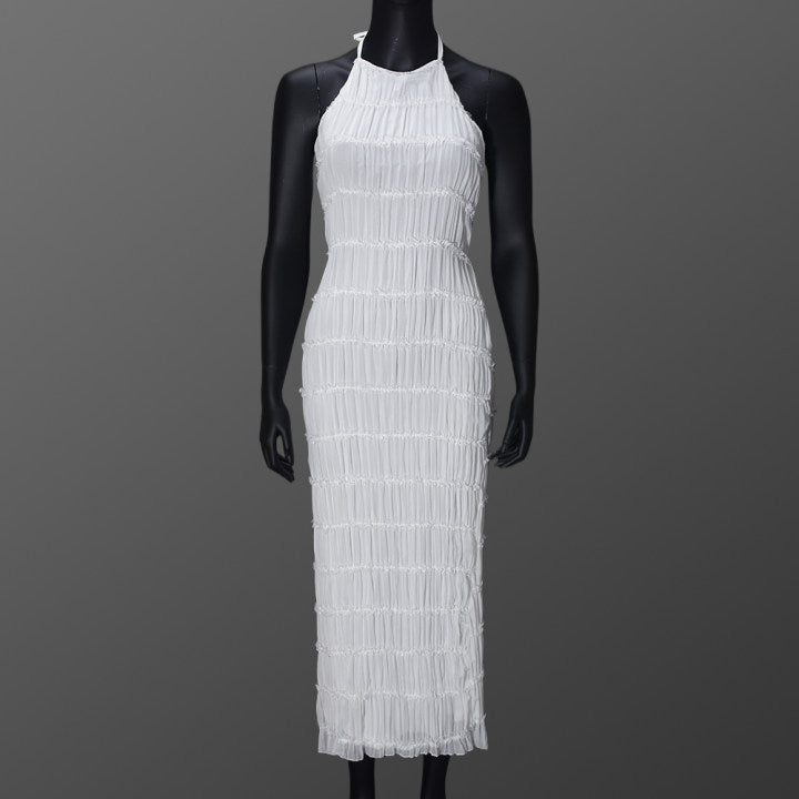 Womens Backless Pleated Long Dress