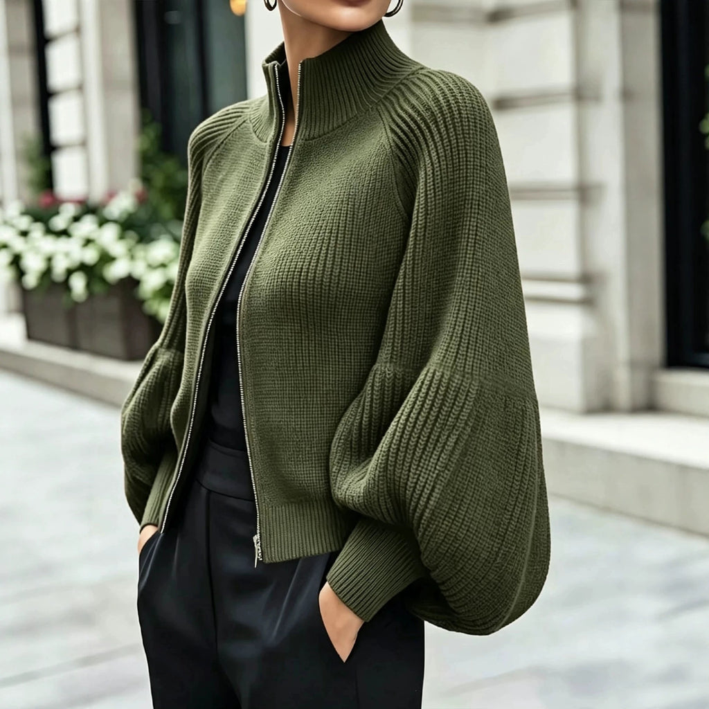 Women's Textured Knit Stand Collar Balloon Sleeve Cardigan