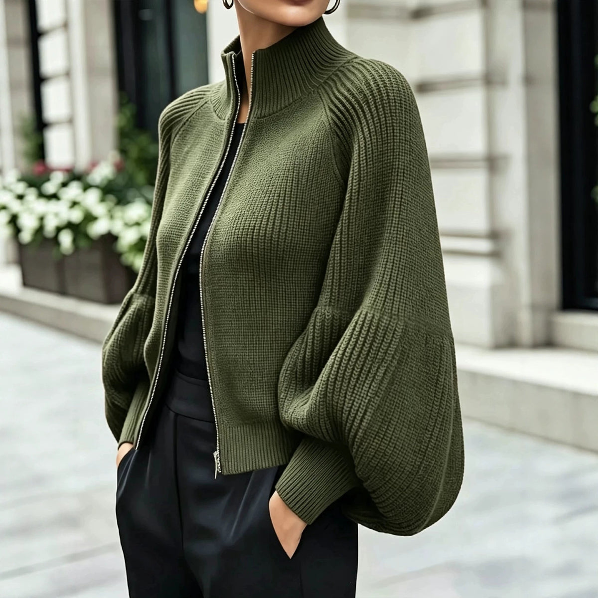 Women's Textured Knit Stand Collar Balloon Sleeve Cardigan