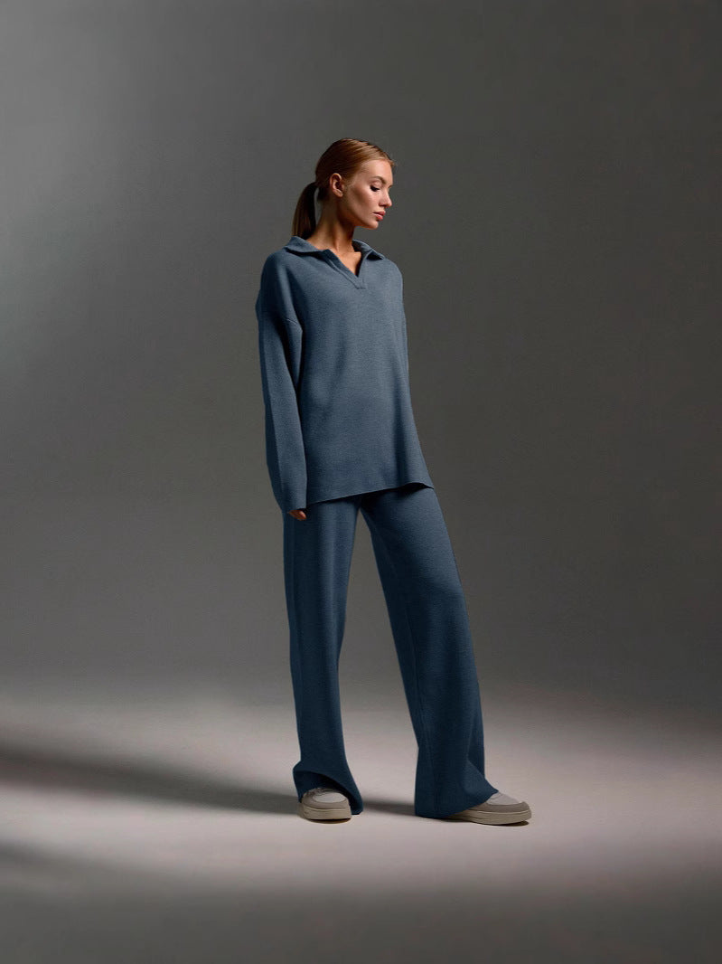 Women's Two-Piece Knit Set Polo Collar Pullover and Wide-Leg Pants