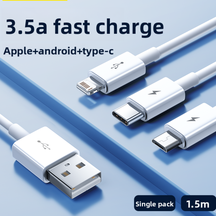 3-in-1 Charger with Data Cable and Triple-Output Charging Head