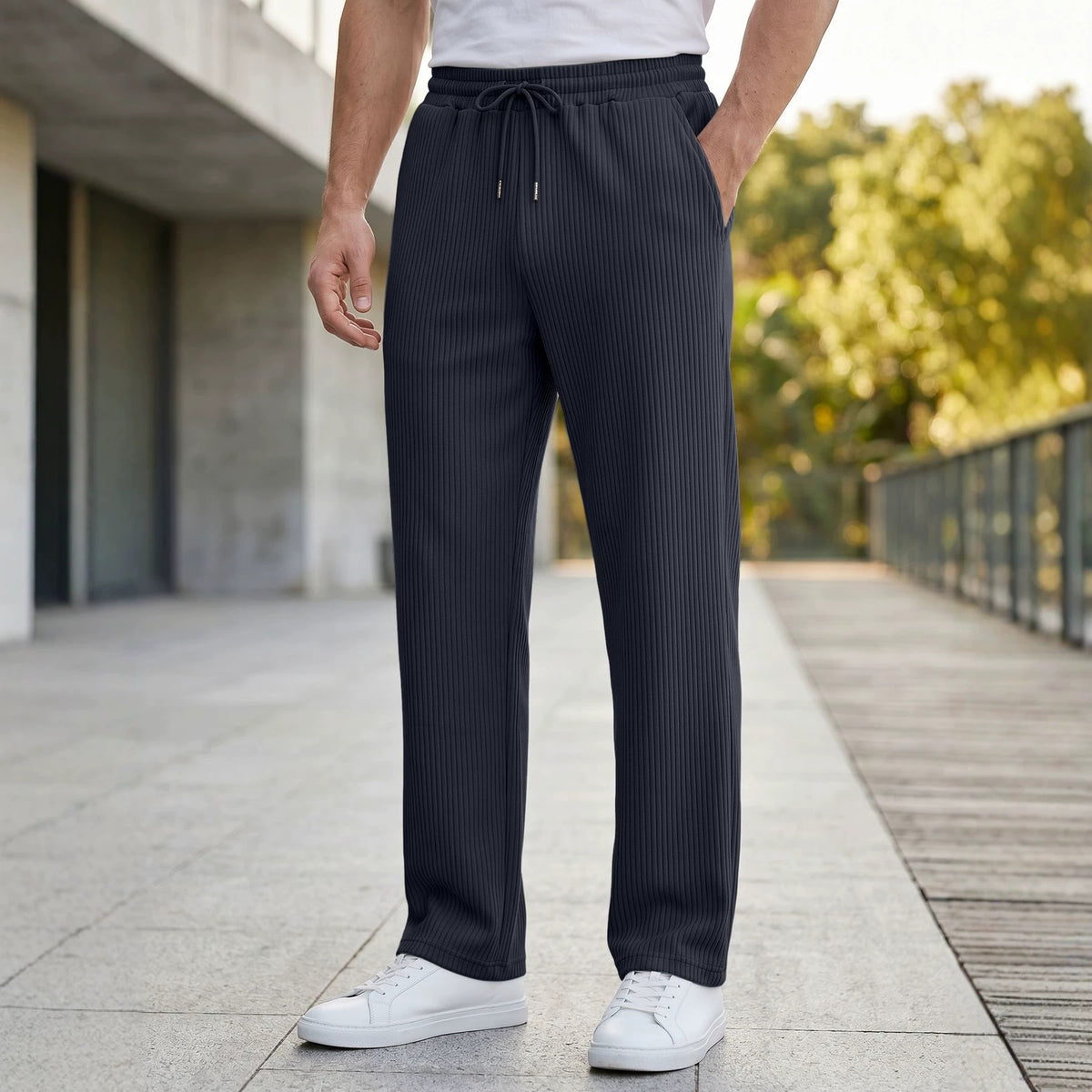 Men's Striped High Waist Wide Leg Straight Pants Casual Trousers