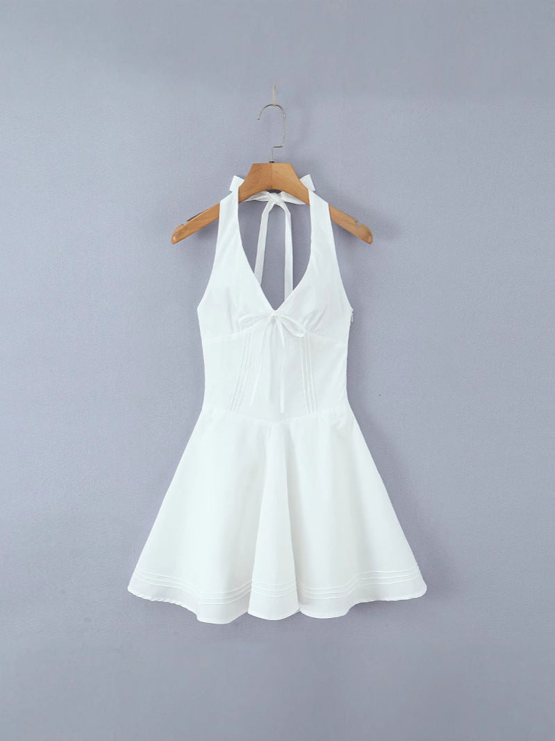 French Design Deep V Neck Open Back Halter Mini Dress Slim A-Line Summer Dress