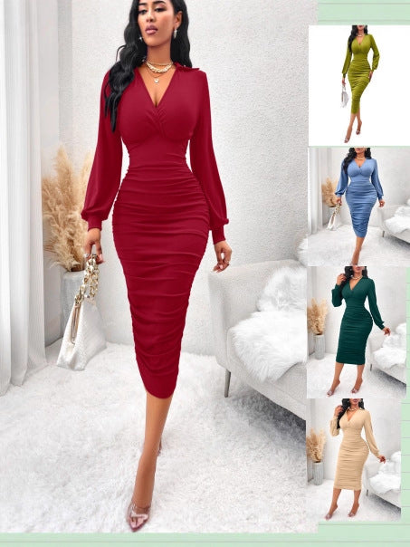 Women's V-Neck Lantern Sleeve Elastic Waist A-Line Midi Dress