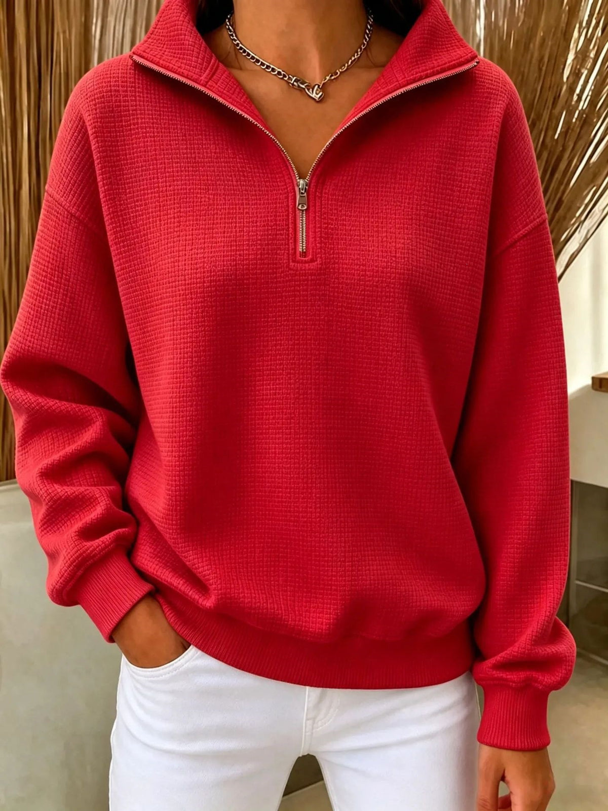 Women's Stand Collar Zip Long Sleeve Waffle Knit Patchwork Sweatshirt
