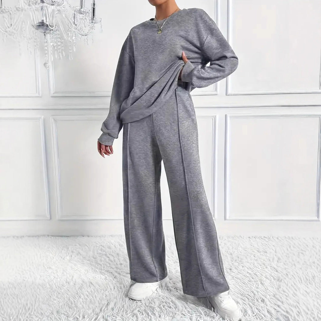 Women's Solid Color Round Neck Long Sleeve Pants Suit Casual Two-Piece Set