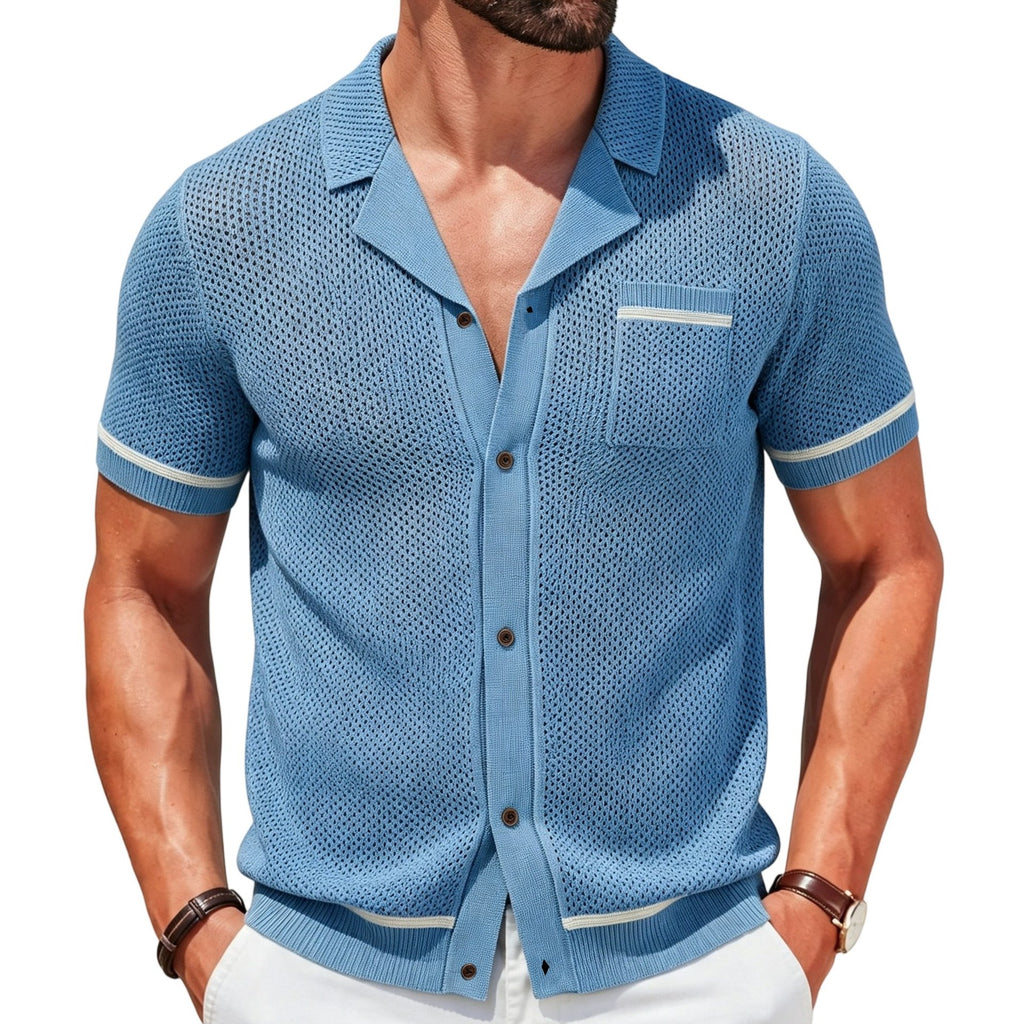 Cross-Border Men's Casual Style Cuban Collar Knitted Top Short-Sleeved Hollow Breathable Cardigan Polo Shirt Sy0103