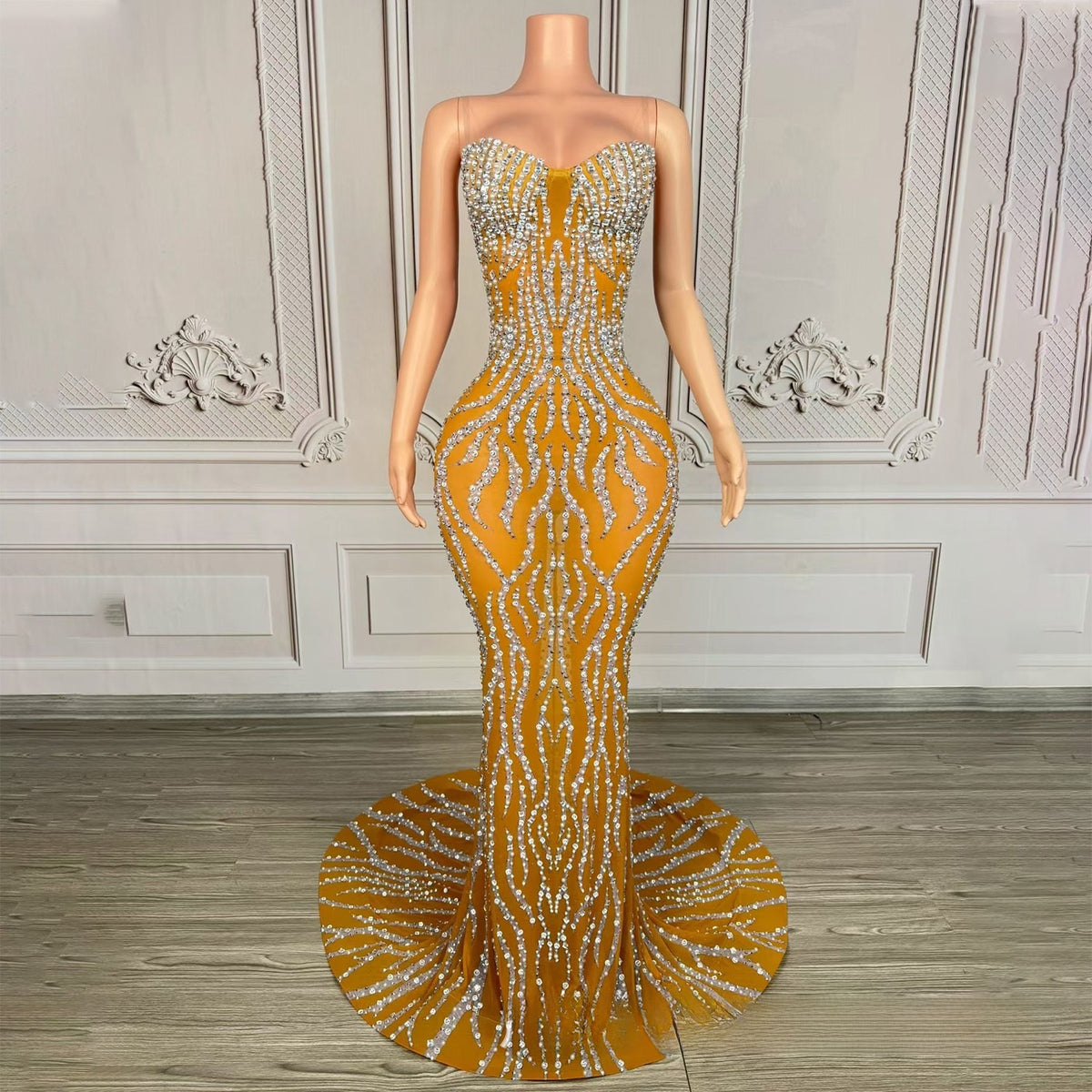 Elegant Strapless Diamond Evening Gown