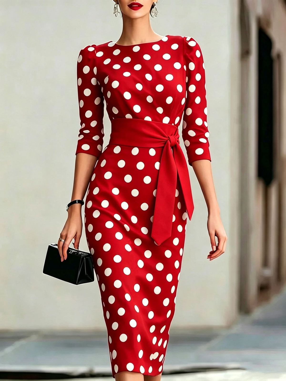 Retro Polka Dot Waist-Cinching Mid-Length Dress