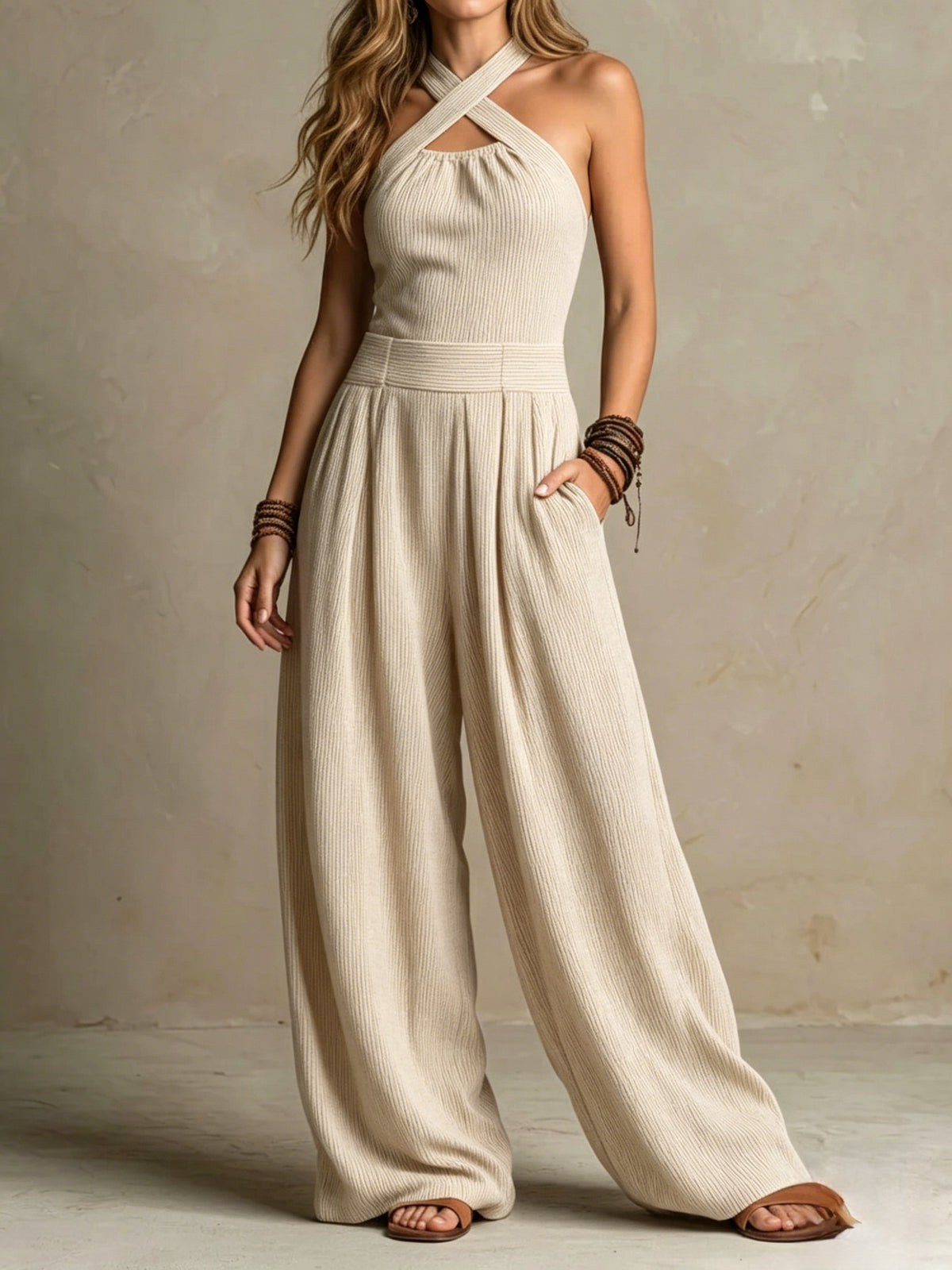 Crossed-necked openwork one-piece pants