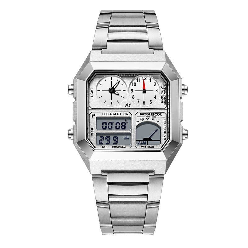 Foxbox Square Men Multifunction Digital Analog Stainless Steel Waterproof Watch