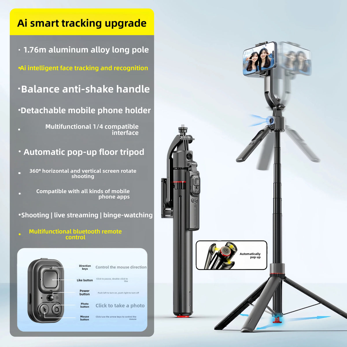 Bluetooth Gimbal Selfie Stick with Auto Tripod