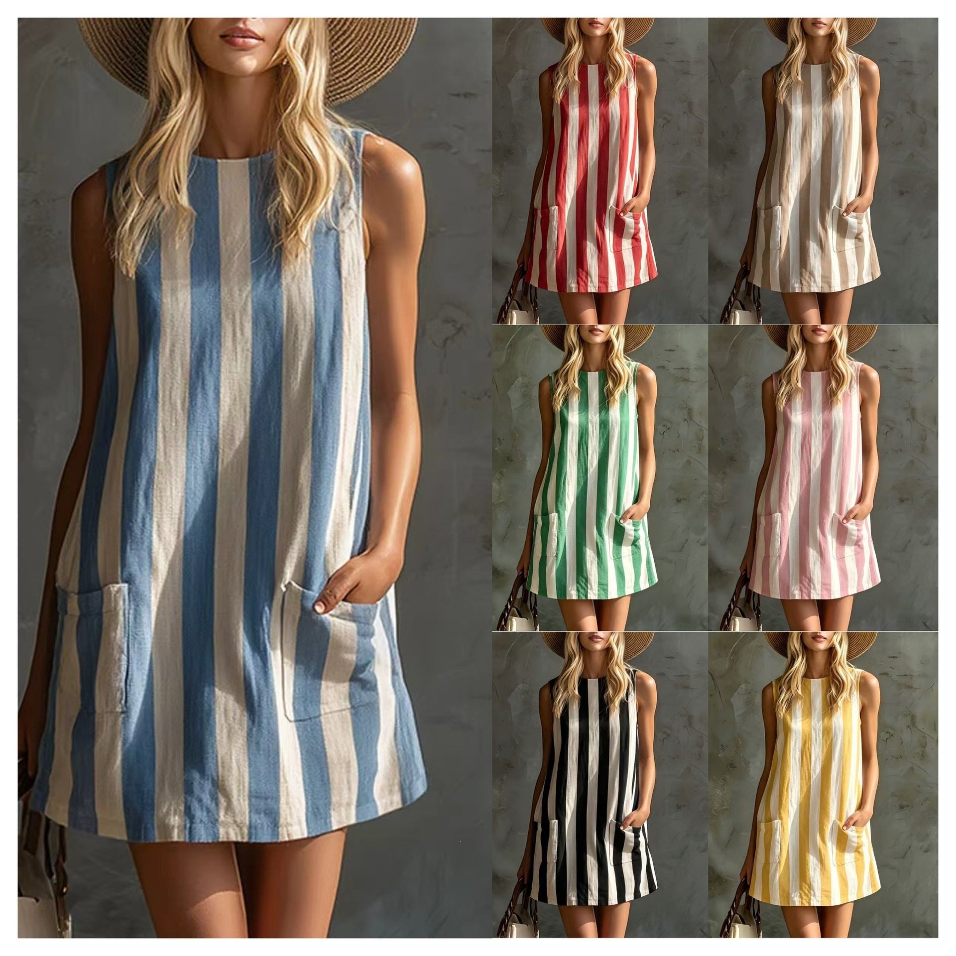 Retro Striped Sleeveless Round Neck Cotton and Linen  Dress
