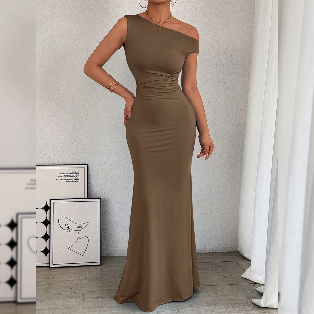One-Shoulder Fishtail Hem Pleated Waist Long Sleeveless Dress