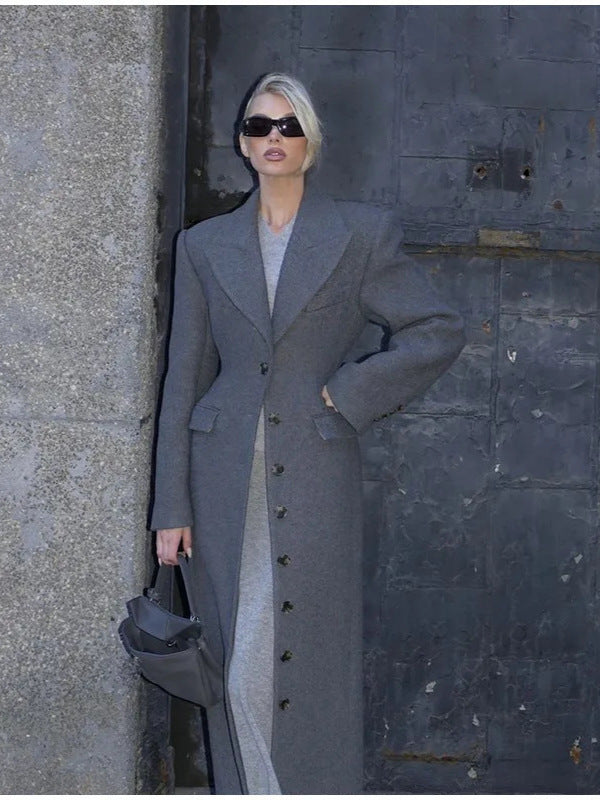 spring new lapel solid color single-breasted slim long coat