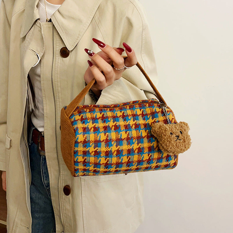 Classic Houndstooth Bucket Handbag Cute Portable Corduroy Makeup Gift Bag