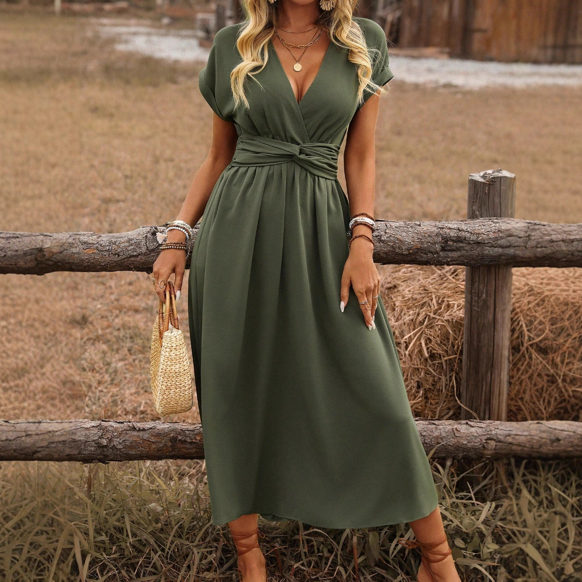 Womens V-Neck Batwing Sleeve Dress
