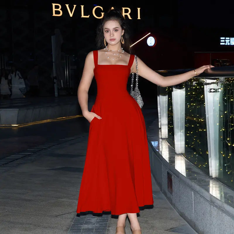 Slim-Fit Waist-Cinching Thick Strap Elegant Dress Long Skirt
