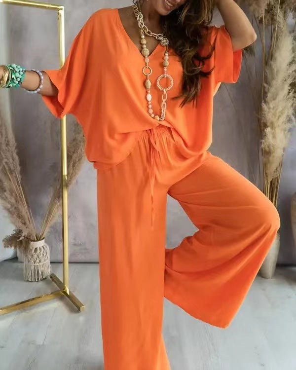 Womens V-Neck Bat Sleeve Wide Leg Pants Set