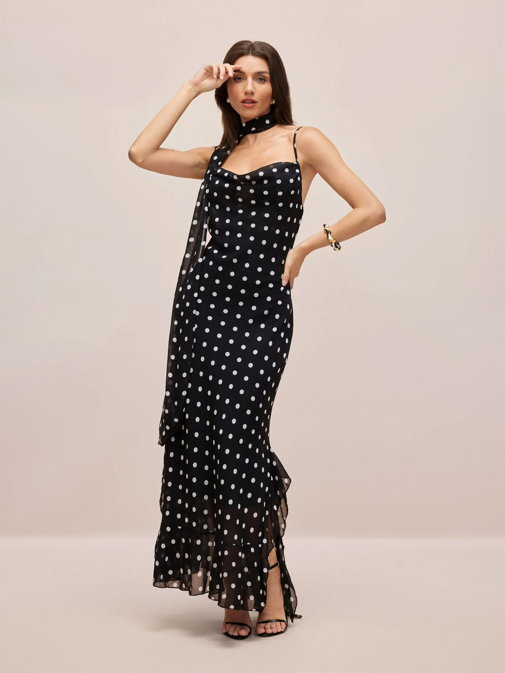 Women's Retro Polka Dot Ribbon Strap Slim Fit Long Dress
