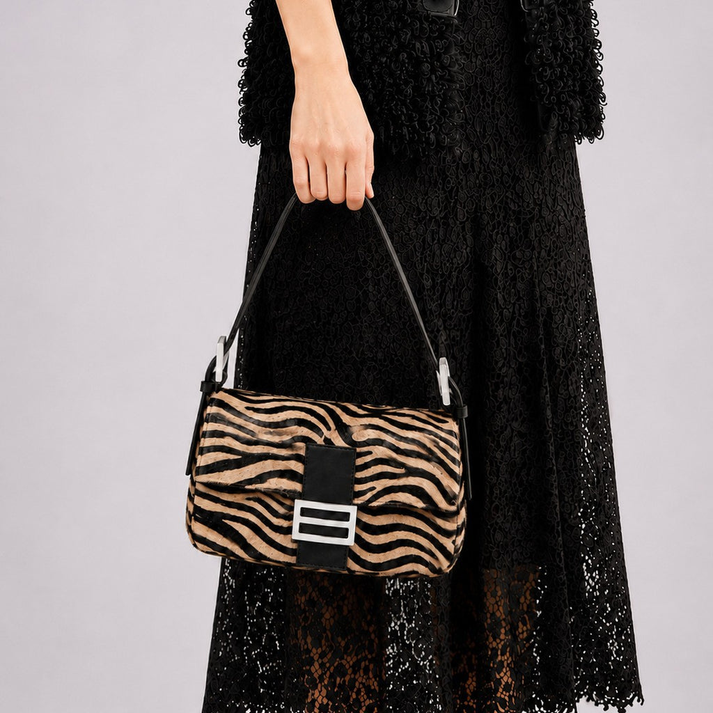 Retro zebra-patterned faux horsehair shoulder bag