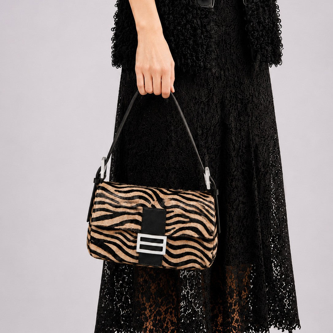 Retro zebra-patterned faux horsehair shoulder bag