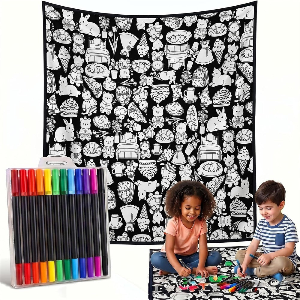 Black and white line-drawn graffiti rug