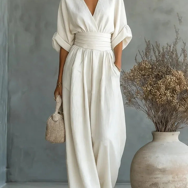 Elegant V Neck Waist Cinching Women Jumpsuit