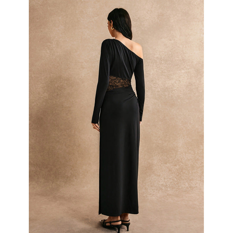 Women's Solid Color One-Shoulder Long-Sleeve Lace Patchwork Elegant Long Dress