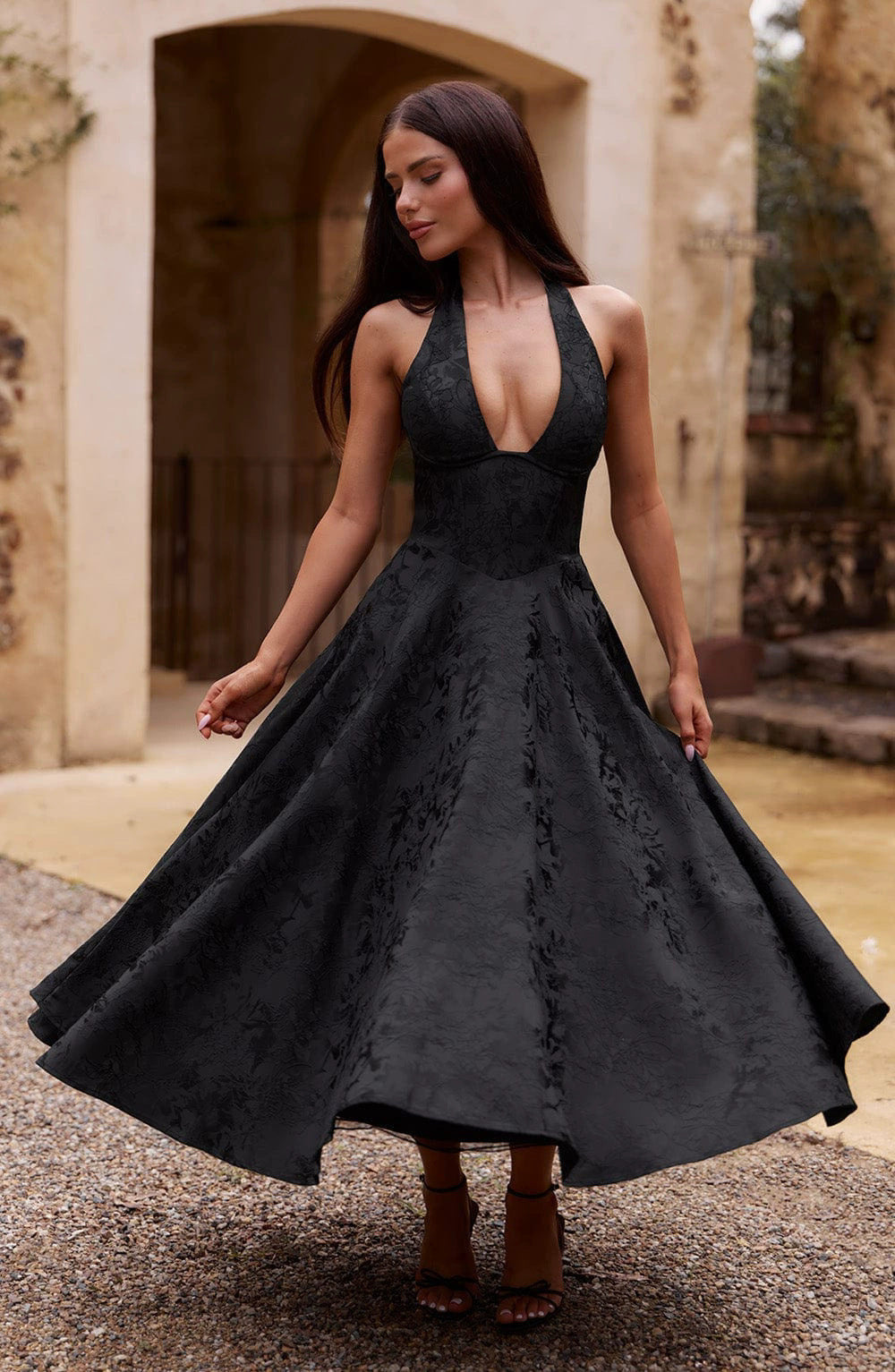 V-Neck Halter Jacquard Evening Dress