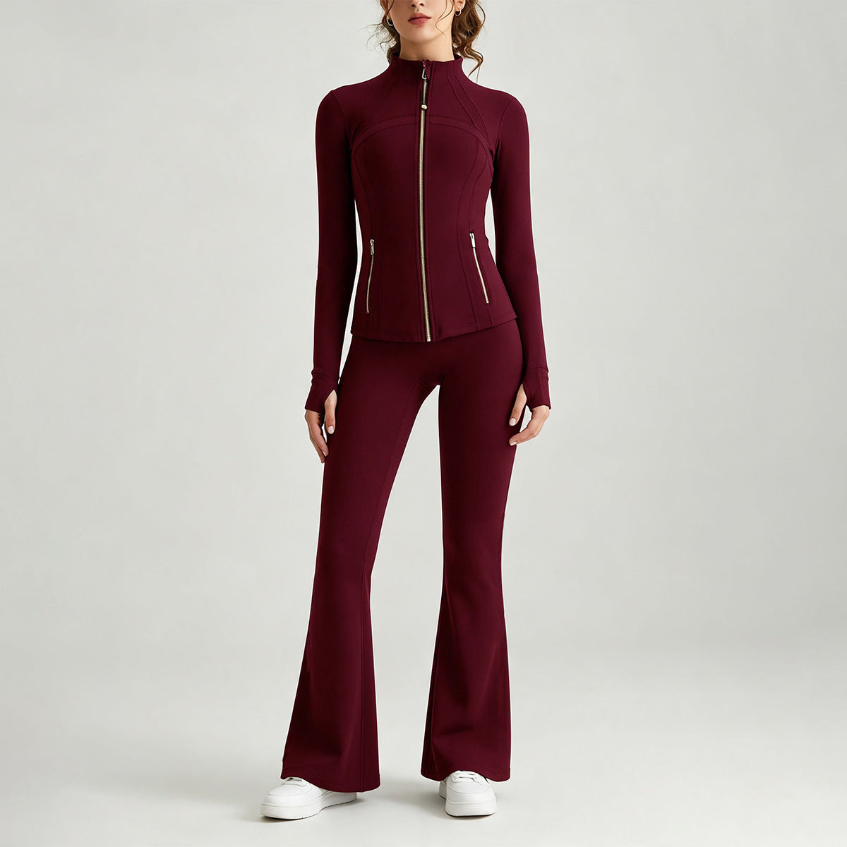 Double-Sided Brushed Yoga Set for Women Stand-Collar Slim-Fit Jacket High-Waist Flared Pants