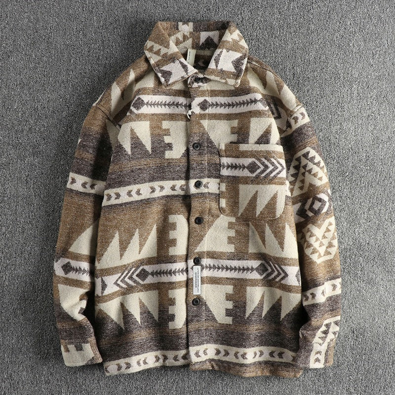 Retro Woolen Tribal Pattern Long Sleeve Shirt Heavyweight Men Autumn Winter Thick Casual Shirt