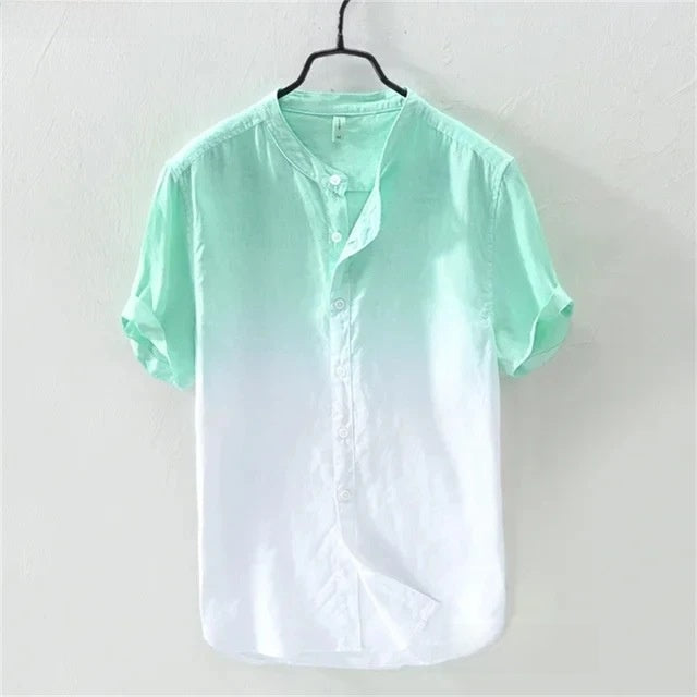 Men Linen Short Sleeve Shirt Gradient Breathing Vacation